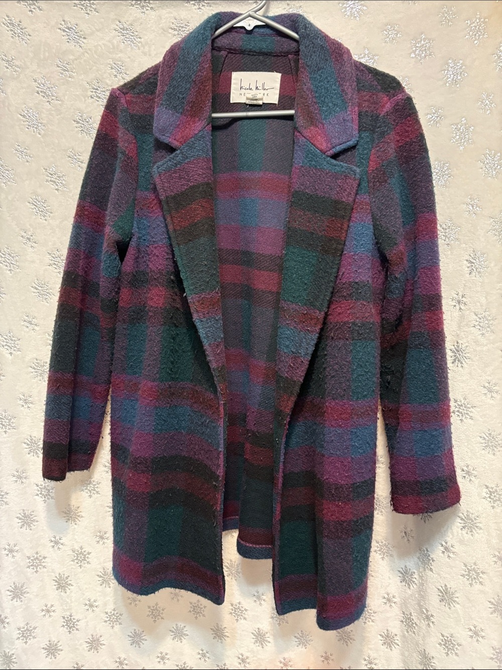 Nicole Miller Plaid Open Sweater Coat in Teal, Plum and Navy